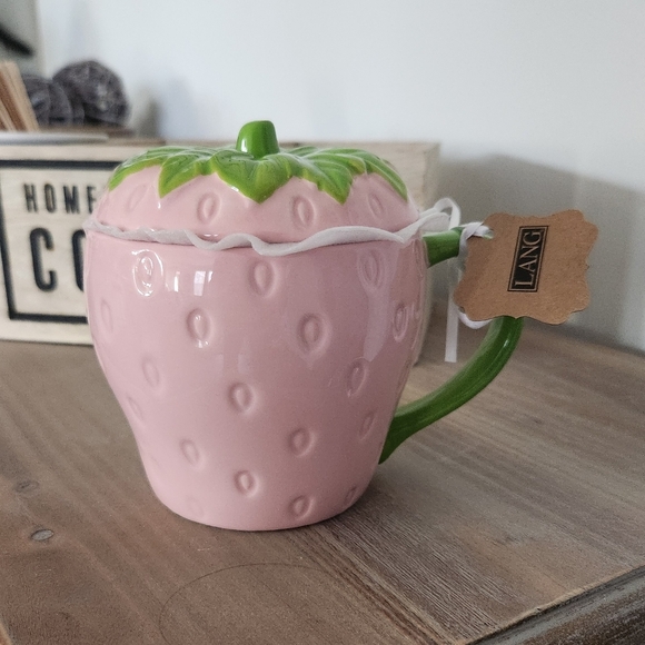 Lang Other - Lang Strawberry Mug with Lid NWT, Hand-painted coffee mug, farmhouse really cute